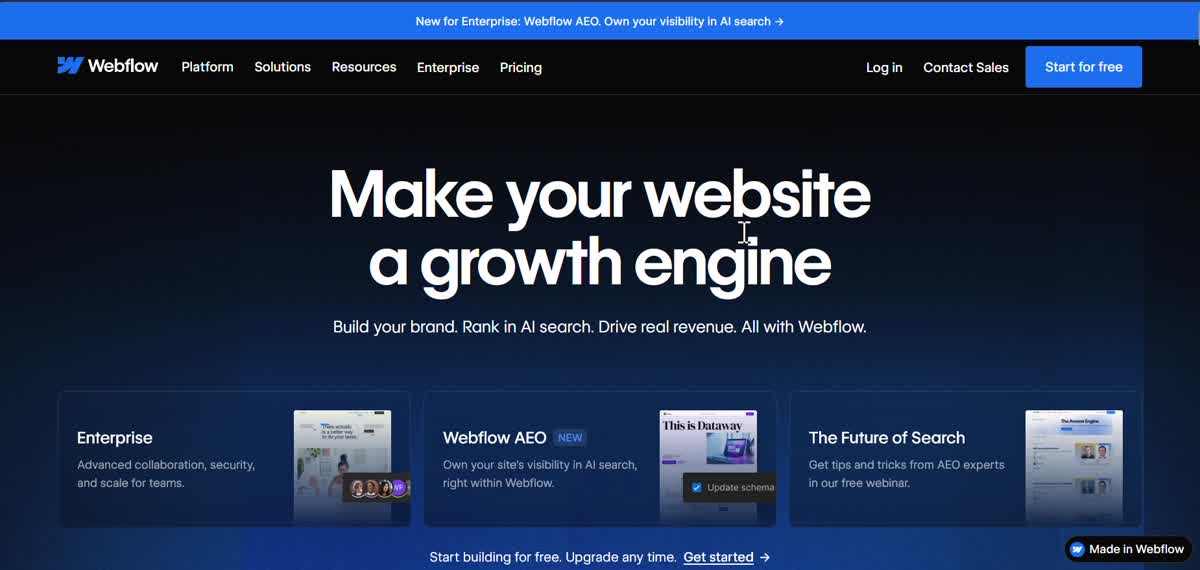 Hero — 'Make your website a growth engine' on dark background